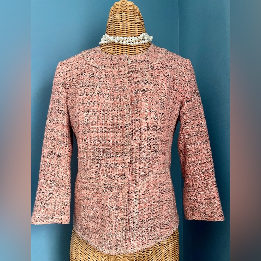 J.Jill Coral Pink Tweed Blazer Jacket 3/4 Sleeve Snap Button Front 2 Pockets XXS